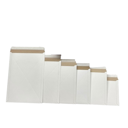A set of six white flat mailers with self-sealing adhesive strips, arranged in ascending order from smallest to largest. These rigid envelopes are designed for secure mailing, offering protection for documents, photos, and other flat items.