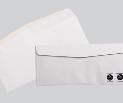 Two white envelopes displayed on a light grey background. One envelope is shown with its flap sealed, while the other has its flap open, revealing the adhesive strip. Both feature eco-friendly certifications printed on the back