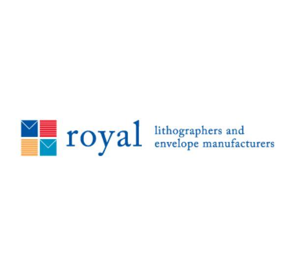 Royal lithographers and envelope manufacturers logo featuring colorful envelope icons and blue text.