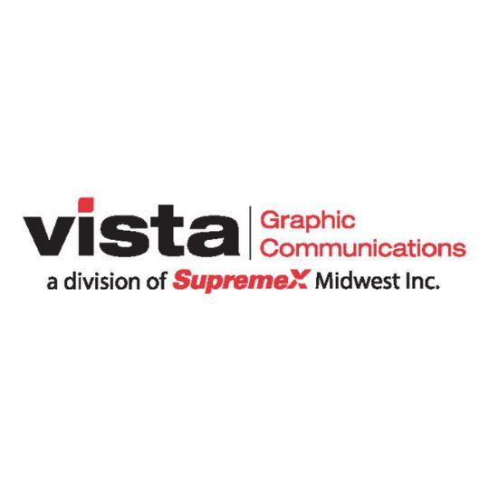 Vista Graphic Communications logo with the tagline 'a division of SupremeX Midwest Inc.' The word 'vista' is in bold black and red, and 'Graphic Communications' is in red.