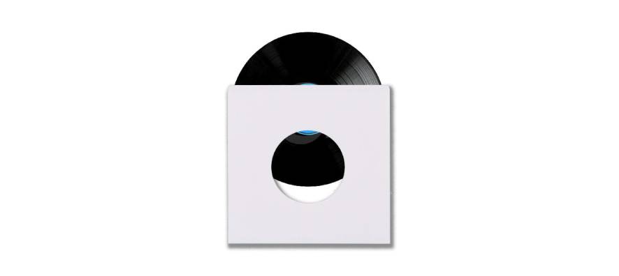 A black vinyl record partially inserted into a white paper sleeve with a circular cutout in the center, designed for protection and easy identification of the record label.
