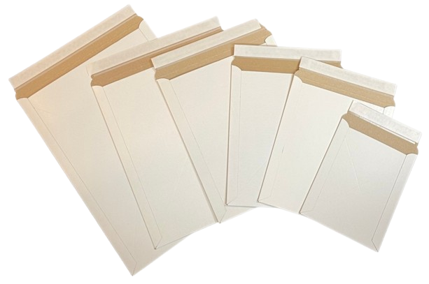 A set of six sturdy white rigid mailers with self-sealing adhesive strips at the top. The envelopes are displayed in a fan-like arrangement, showcasing various sizes. These envelopes are designed for secure mailing and protection of documents, photos, or other flat items.