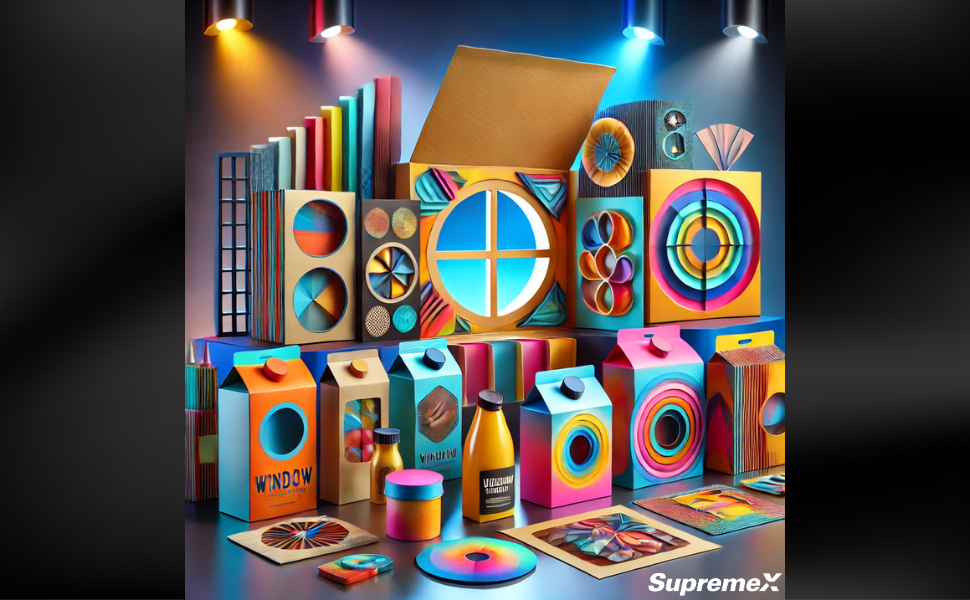 A visually striking collection of custom packaging designs featuring unique window cut-outs in various geometric shapes and vibrant colors. The packaging includes folding cartons, mailers, and boxes with circular, rectangular, and artistic window designs, allowing product visibility while enhancing aesthetics. Illuminated by dynamic lighting, the display showcases SupremeX’s expertise in innovative and eye-catching packaging solutions.