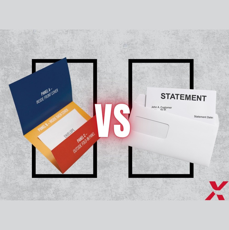 Side-by-side comparison of two mailing formats: on the left, a colorful self-mailer with labeled panels (Panel A, B, and C); on the right, a traditional white envelope with a printed statement partially inserted. A bold “VS” graphic is centered between the two, with a red glow effect, emphasizing the contrast. The SupremeX logo is visible in the bottom right corner.
