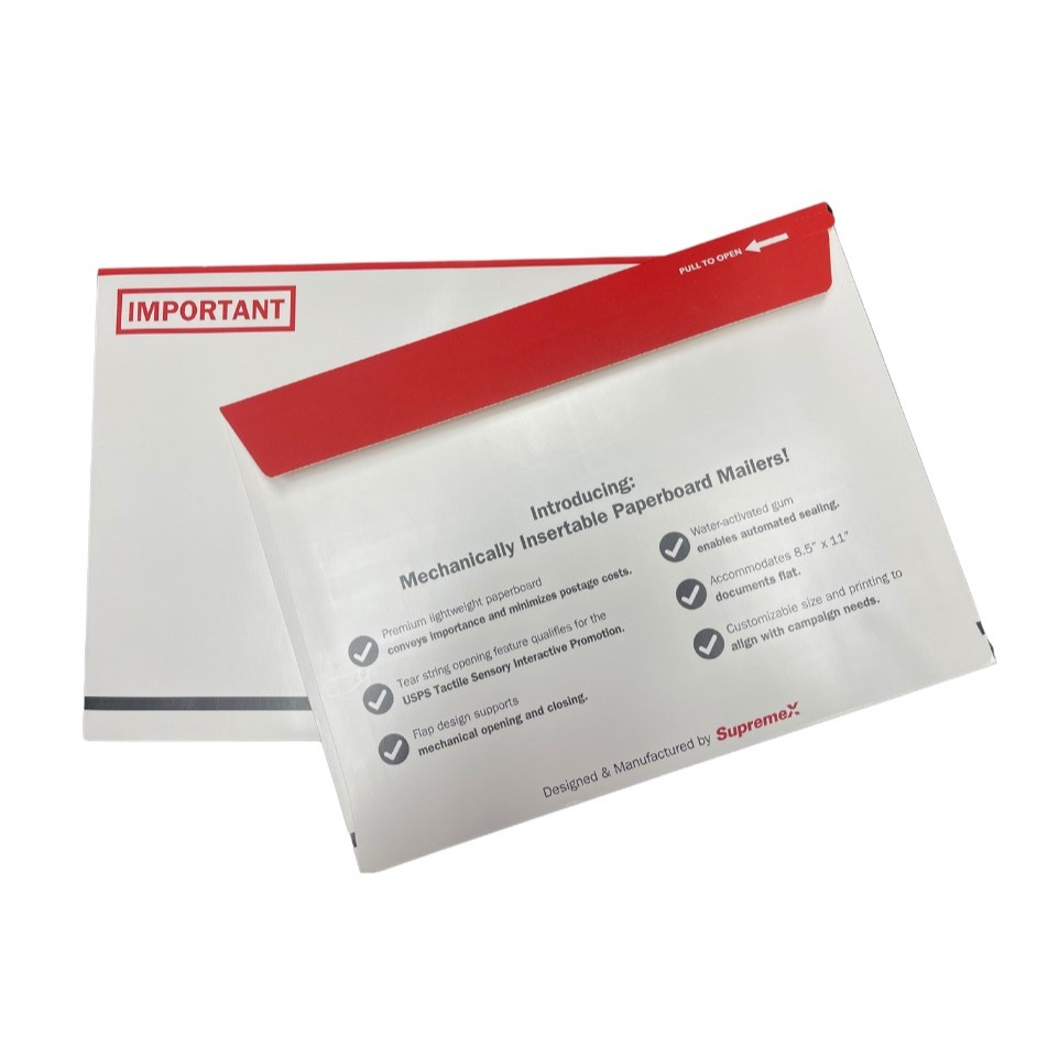 Two Machine Insertable Paperboard Mailers : the front side with a ''Important'' tag in red. And the back side with the pros with our Logo on the bottom.
