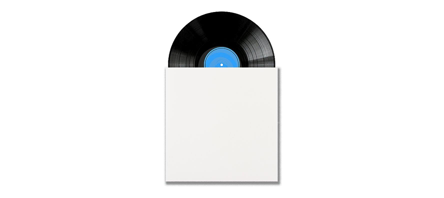 A vinyl record with a blue label partially inserted into a plain white sleeve.