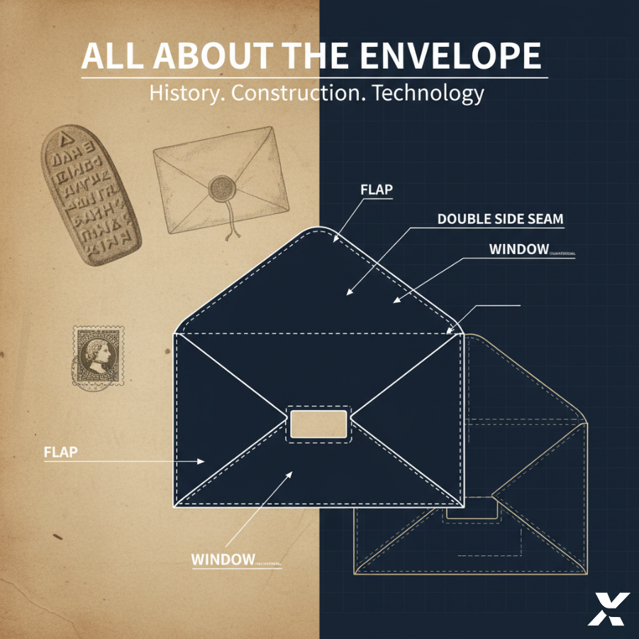 Illustrated graphic titled “All About the Envelope: History. Construction. Technology.” showing the evolution of envelopes from historical designs to a modern technical blueprint. The image features a detailed diagram labeling envelope parts such as flap, window, and double side seam, symbolizing the blend of craftsmanship and innovation in envelope manufacturing.