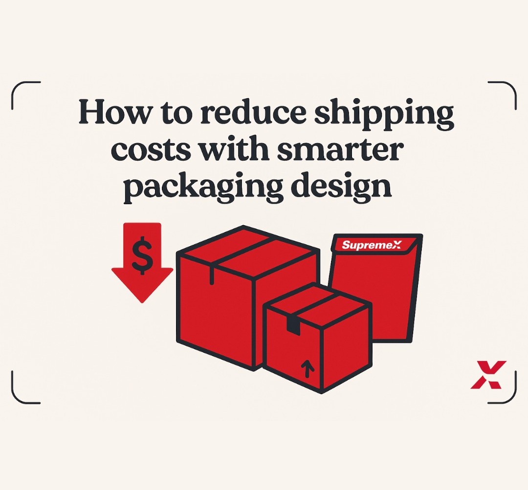 Illustration showing three red SupremeX shipping boxes of varying sizes beside a downward arrow with a dollar sign, symbolizing lower shipping costs. The headline reads “How to reduce shipping costs with smarter packaging design.”