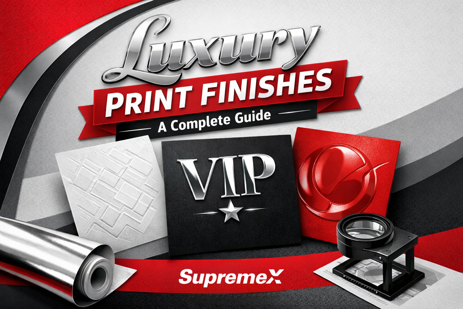 Luxury print finishes guide showcasing foil stamping, embossing, debossing, and specialty coatings for premium commercial printing and packaging, presented by SupremeX.