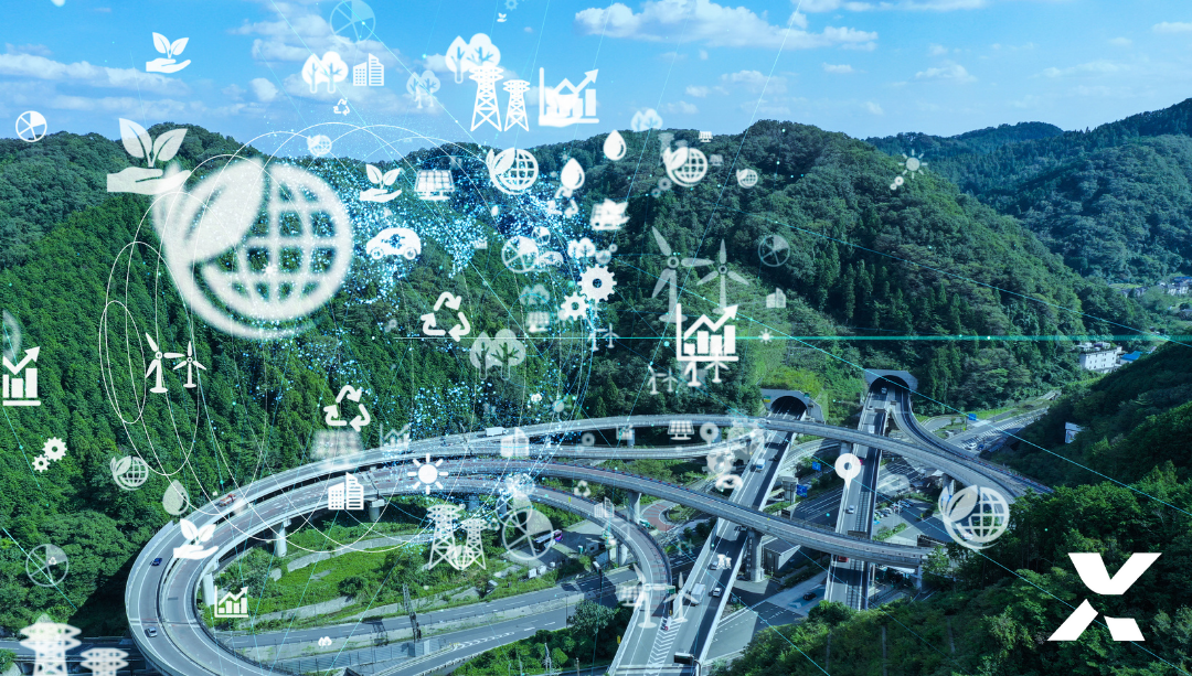 Landscape image of a green area and digital icons